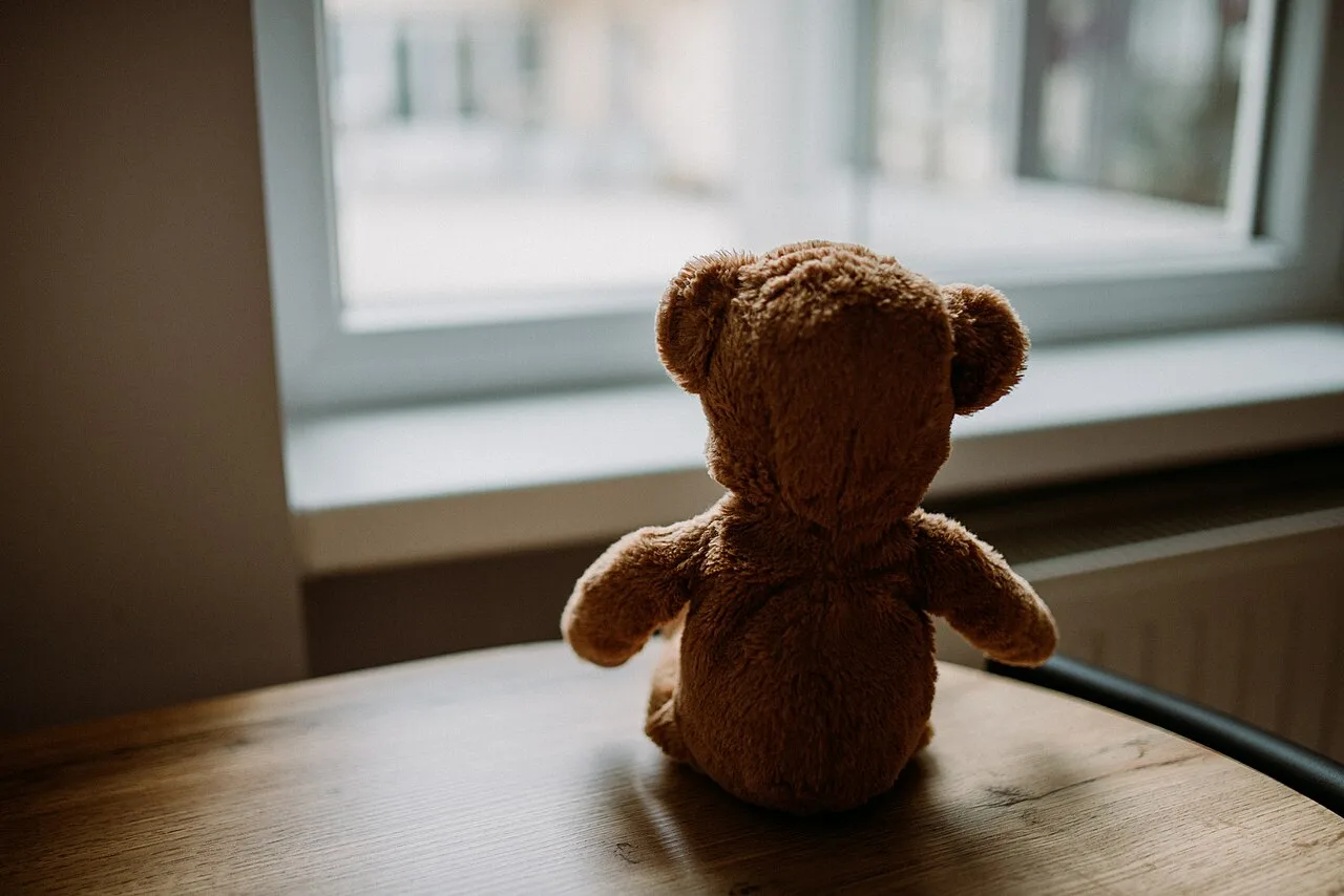 Osito de peluche sentado en un escritorio de madera